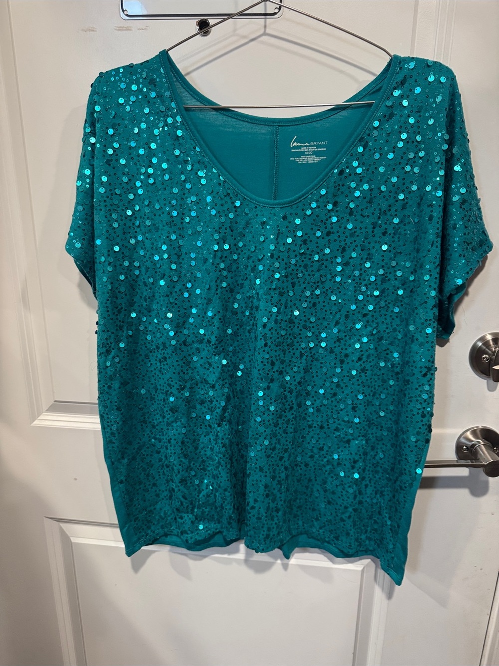 Lane Bryant Teal Sequin Scoop Neck Short Sleeve Top